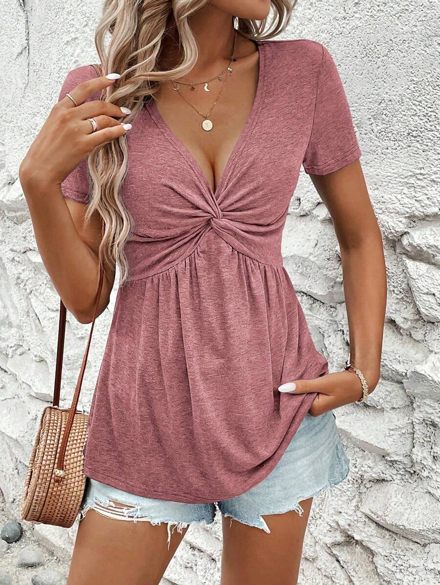 SHEIN Clasi 女士正面扭纹褶饰短袖 V 领 T 恤 - 紅木色 - 查看 1