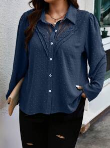 Calvaya Plus Size Dames Contrast Kant Lange Mouw Enkelrijgs Casual Shirt