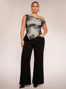 SHEIN BAE Damen Große Größen Leoparden-Muster Asymmetrischer Saum Offene Schulter Rüschen Locker Oberteil, geeignet für Lässig, Pendeln, Ausgehen, Date, Nachmittagstee, Urlaub