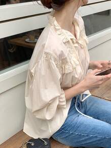 DAZY 女士蕾丝拼接荷叶边系带长袖优雅衬衫，春夏秋季女装