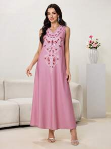 Al Najma Conjunto de 2 piezas para mujer: Bata de gasa con estampado floral de manga larga y vestido escote en V, elegante