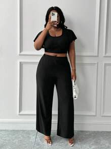 Slaydiva Plus Size 2Pcs Set Knit Casual & Commute Black Outfit - Black - View 1