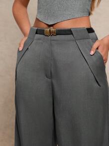 Glamine Pantalones casuales de oficina rectos y anchos con bolsillos para mujer - Gris Oscuro - Ver 7