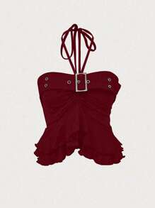 SHEIN Unity Women's Summer Fashion Ruffled Backless Halter Neck Top - Burgundy - View 1