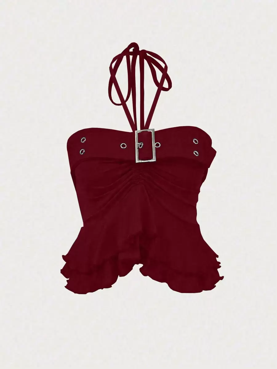 SHEIN Unity Women's Summer Fashion Ruffled Backless Halter Neck Top - Burgundy - View 1