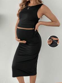 SHEIN 2pcs Maternity Knit Fitted Crew Neck Side Drawstring Tank Top And Adjustable Waist A-Line Skirt Set - Black - View 2
