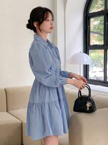 Solid Puff Sleeve Ruffle Hem Shirt Dress,Fall Dress Long Sleeve Dress - Blue - View 6