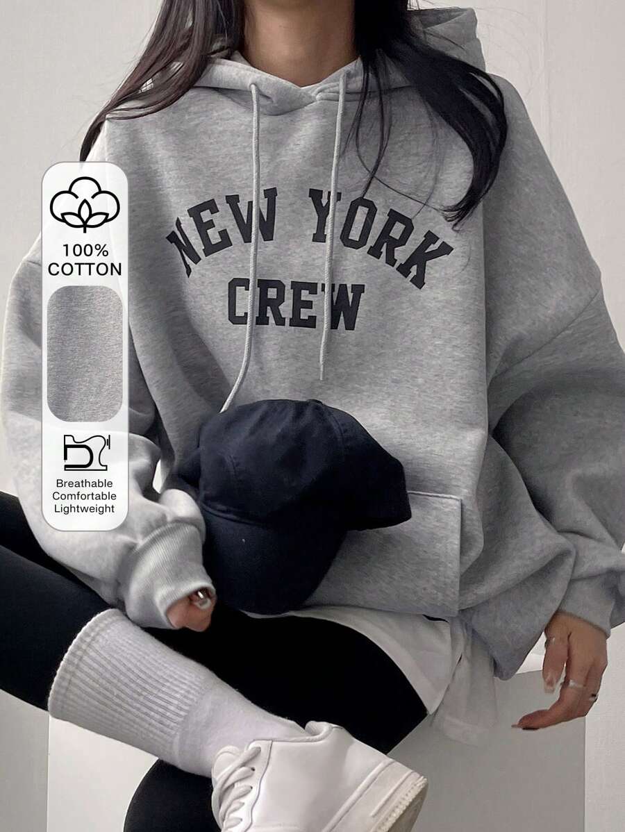 DAZY 字母图案落肩抽绳连帽衫，长袖上衣运动衫 - 灰色 - 查看 1