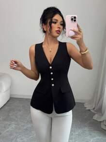 Elenzga 女士优雅办公/休闲珍珠纽扣 V 领无袖衬衫 - 黑色 - 查看 6