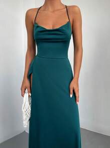 EURMUSE Draped Front Split Thigh Criss Cross Back Cami Dress - Màu xanh lá cây đậm - Xem 4