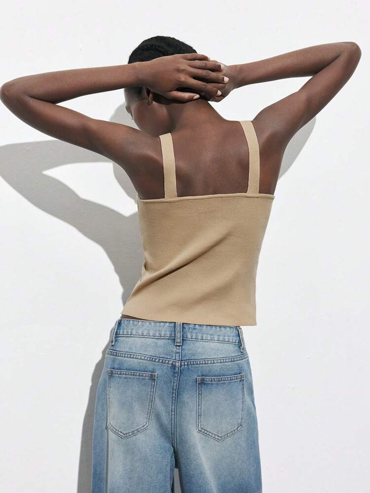 SHEIN Maija Khaki Bra Cup Design Women's Bodycon Camisole Tank Top, Casual Urban Chic Comfortable Versatile Music Festival