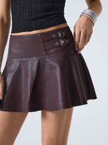 LYSMO 女士可调节孔眼扣设计时尚 PU 皮革短裙