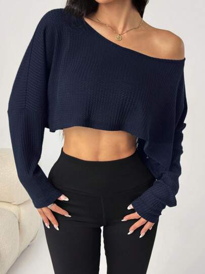 Flirla Petite Camiseta de manga larga básica y minimalista para uso diario casual con hombros caídos y asimétricos, de tela jacquard texturizada