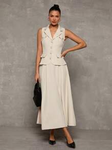 Glamine Old Money Apricot V-Lapel Single Row Of Gold Buttons, Hand-Sewn Decorative Buttons On The Pocket Cover, Sleeveless Suit Vest Jacket With Simple Large A-Line Skirt, Elegant, Women's Suit. Suitable For Parties, Work, Weddings And Daily Suit Dress Skirt Suit Grey Formal Dress Dress Elegant - Apricot - View 1