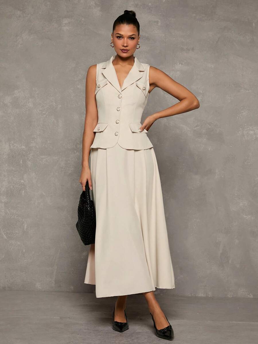 Glamine Old Money Apricot V-Lapel Single Row Of Gold Buttons, Hand-Sewn Decorative Buttons On The Pocket Cover, Sleeveless Suit Vest Jacket With Simple Large A-Line Skirt, Elegant, Women's Suit. Suitable For Parties, Work, Weddings And Daily Suit Dress Skirt Suit Grey Formal Dress Dress Elegant - Apricot - View 1