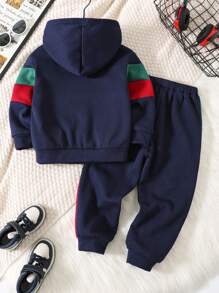 SHEIN 2 peças/conjunto de moletom com capuz e calças casuais para meninos, moda simples, prática, fofa, macia, grossa e quente, adequado para roupas infantis de volta às aulas, roupas escolares para meninos, adequadas para o dia a dia, escola, atividades ao ar livre, esportes, temporada outono/inverno - Azul Real - Ver 7