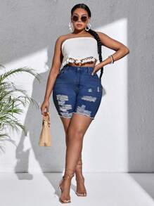 SHEIN SXY Plus Size Classic Denim Shorts, Fashionable And Suitable For Autumn Autumn Outfits For Women Festival Outfits Casual Biker Shorts - Medium Wash - View 3