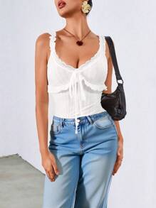 Chiquease Women Frill Trim Floral Print Sleeveless Camisole Tank Top - White - View 4