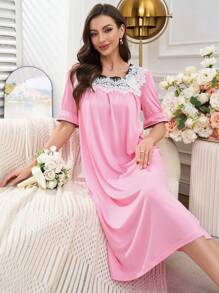 Lose Spitzen Patchwork Farbblock Damen Nachthemd, romantischer Stil aus Südfrankreich - Pink - Übersicht 3