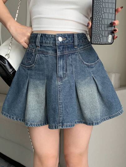 DAZY Women's Casual Washed Pleated Denim A-Line Skirt Jeans Skirt