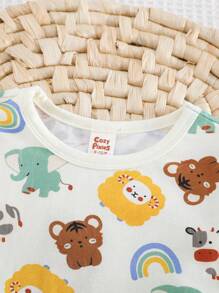 Cozy Pixies 2 Stücke Baby Jungen Karton Tier Muster Strick Weich Rundhals Kurzarm Top & Elastischer Taille Shorts Set