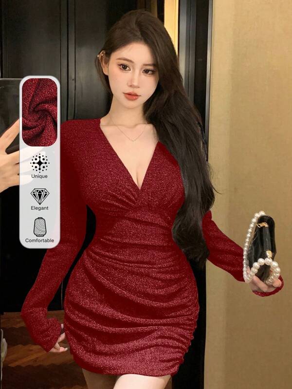 DAZY Women Sparkling V-Neck Long Sleeve Ruched Short Luxury Dress For Autumn Valentine Valentine's Day Prom Dress Elegant Party Women,Back To School Clothes,Fall Women Clothes Homecoming Dresses Red Women Dresses Sequin Sexy Dress,New Year Valentine's Day
