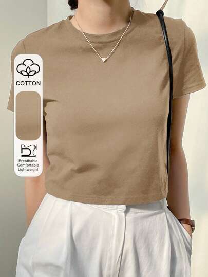 Dazy-Less Solid Crew Neck Crop Tee Old Money Style Summer,Business Casual Women