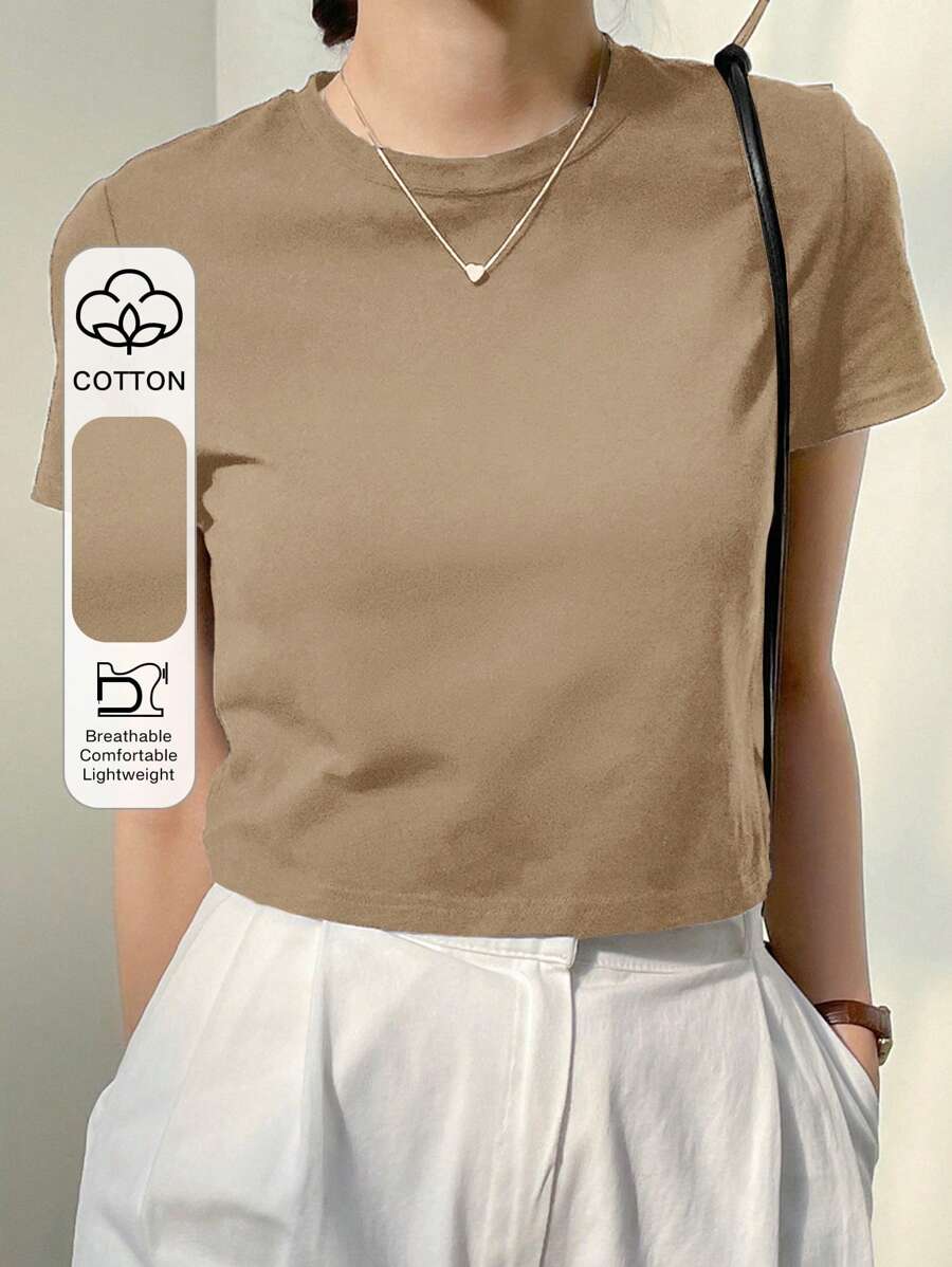 Dazy-Less 纯色圆领短款T恤，复古风夏季，商务休闲女装 - 駝色 - 查看 1