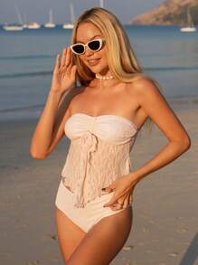 Swim Mod Plain Bikini Set, Textured Spaghetti Strap Crop Top & Spaghetti Strap Bikini - Pink - View 4