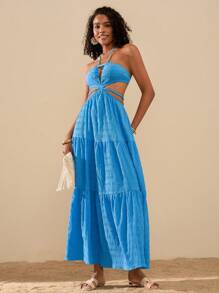 Travachic Vestido de mujer de un solo color con escote halter y espalda descubierta para vacaciones