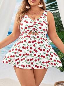 Swim Mod 大尺碼櫻桃印花束腰游泳衣，附游泳衣和短褲，完美適用於渡假度假 - 紅色 - 查看 5