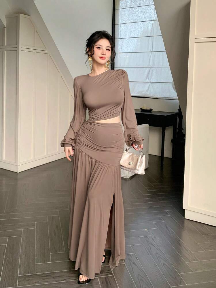 Mid-Long Wedding Party Solid Color Dress With Pleated Splice High Slit Design For Women,Fall Dress Long Sleeve Dress