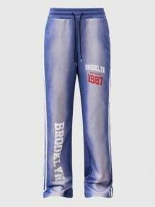 ROMWE MEN Street Life Men's Washed Sporty Printed Sweatpants, Suitable For Everyday Wear, Spring/Summer - Blue - View 3