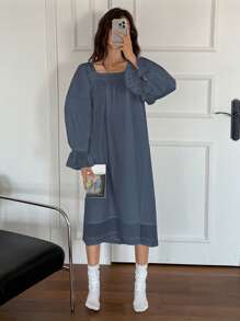 DAZY Spring Sweet Lace Collar Patchwork Ruffle Hem Nightgown Pajama - Navy Blue - View 5