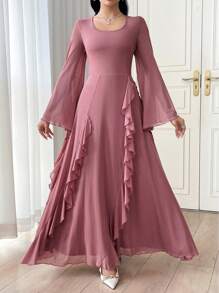 Modelyn Women's Long Ruffled Bell Sleeve Elastic Elegant Romantic Mesh Dress