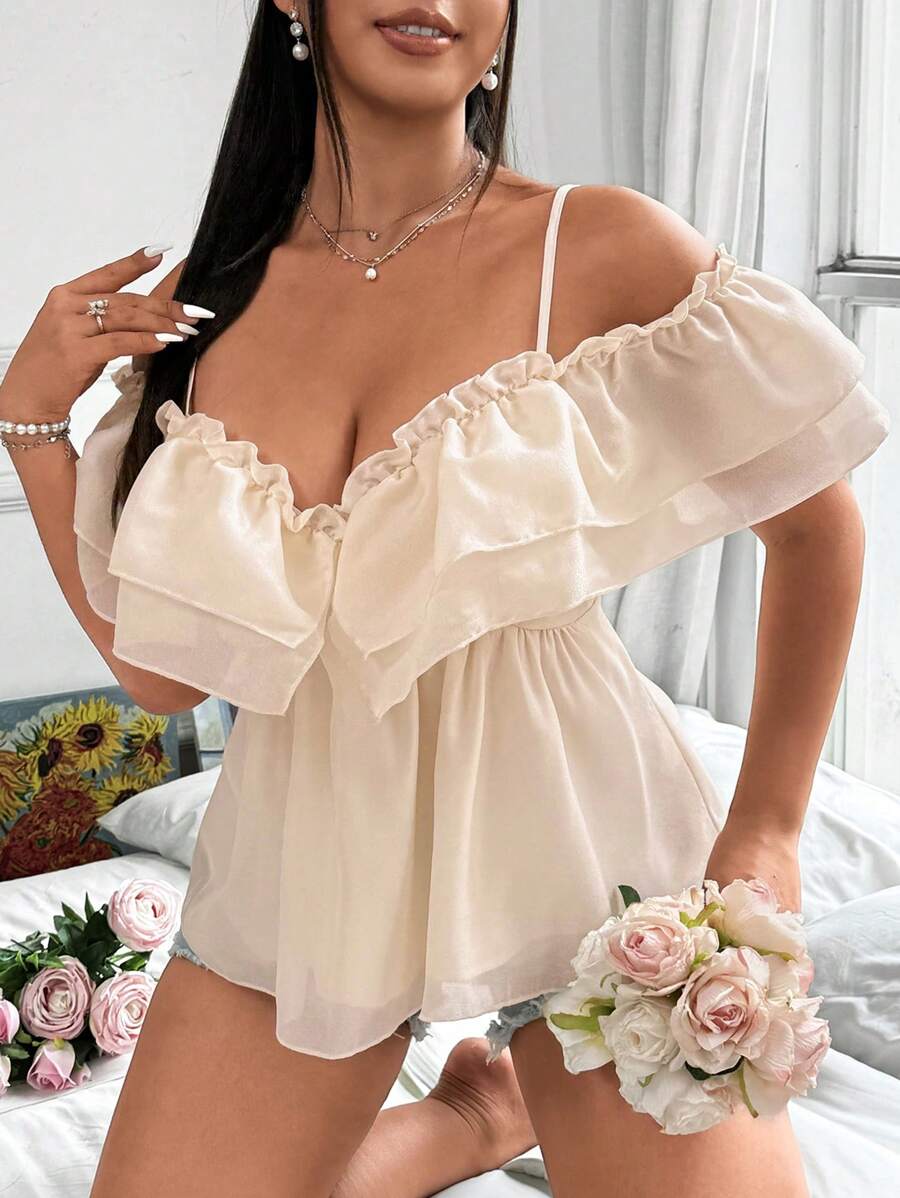 Flirla 大码浪漫网眼系带紧身衬衫 - 杏色 - 查看 1