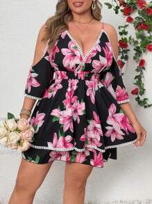 SHEIN Clasi Mono de talla grande para mujer de estilo casual con estampado lindo y doble capa de culottes - Negro - Ver 3