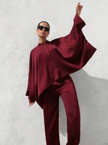 Aveloria Modichic طقم سكارف أنجورا مربع مع تصميم الأكمام والحواف المنفصل، فضفاض للنساء مع قطعتين عصري للحفلات الفاخرة - عنابي اللون - مشاهدة 6