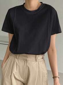 Dazy-Less Solid Seam Detail Tee Business Casual Woman Work Clothes - Black - View 6