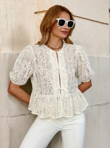 Solivie Women Loose Apricot Embroidered Hollow-Out Drawstring Round Neck Short Sleeve Shirt Summer Outfits For Women Country Outfits Women Summer Clothes Women Vacation Outfits Women