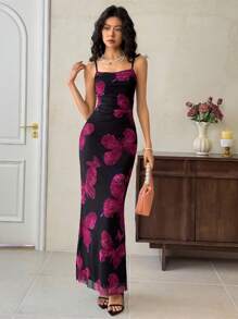 EastFlair Women Floral Print Fit-And-Flare Plunge Neck Elegant Wedding Date Dress Chinese Style Patterns - Black - View 2