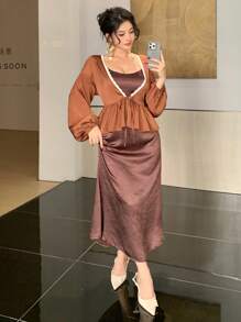 DAZY 2pcs/Set Women Contrast Lace Trim Splice Chiffon Cami Dress & Ruffle Hem Fish Tail Skirt Suits - Brown - View 6