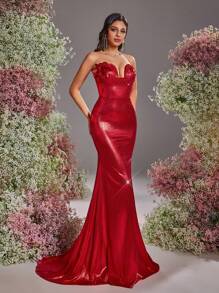 Glamrae Elegant Red Glossy Knit Coated Strapless Asymmetric V-Neck Detachable Floral 3D Embellished Luxurious Handmade Beaded Fishtail Formal Dress, Wedding Guest Dress, Party Dress, Evening Dress - Red - View 3