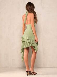 SHEIN BAE Women's Elegant Solid Color Ruffle Hem Backless Halter Neck Dress - Green - View 2