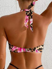 Swim Lushoire 2025 Spring Break Vacation Leopard And Floral Print Halter Bikini Top For Summer - Multicolor - View 2
