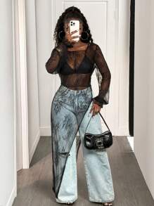 BamGleam Lace Sheer Women's Round Neck Long Sleeve Sexy Fashion Blouse Fall Cloth For Women - Black - View 6