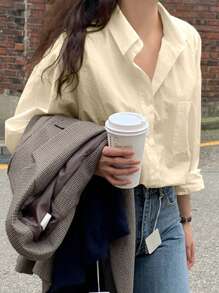 DAZY Pocket Patched Drop Shoulder Shirt Long Sleeve Top - Yellow - View 6