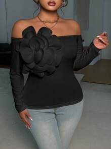 Elenzga Plus Size Off Shoulder Floral Decor Tight Fit T-Shirt - Black - View 5