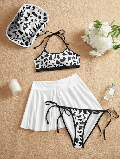 Conjunto de disfraz para adolescente que incluye top halter con estampado de vaca, pantalones, sombrero y mini falda de unicolor