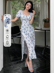 DAZY Blue & White Porcelain Ditsy Floral Waist Cinched Split Hem Tea-Length Dress For Women Summer,Milkmaid Dress Sundress Vacation Outfits Women - Blue - View 3